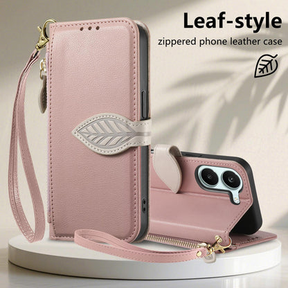 For Honor Play 80 Plus 5G Leaf Buckle Zipper Wallet Leather Phone Case with Strap(Pink)