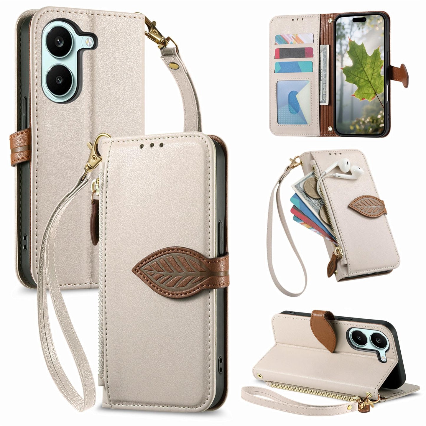 For Honor Play 80 Plus 5G Leaf Buckle Zipper Wallet Leather Phone Case with Strap(Beige)