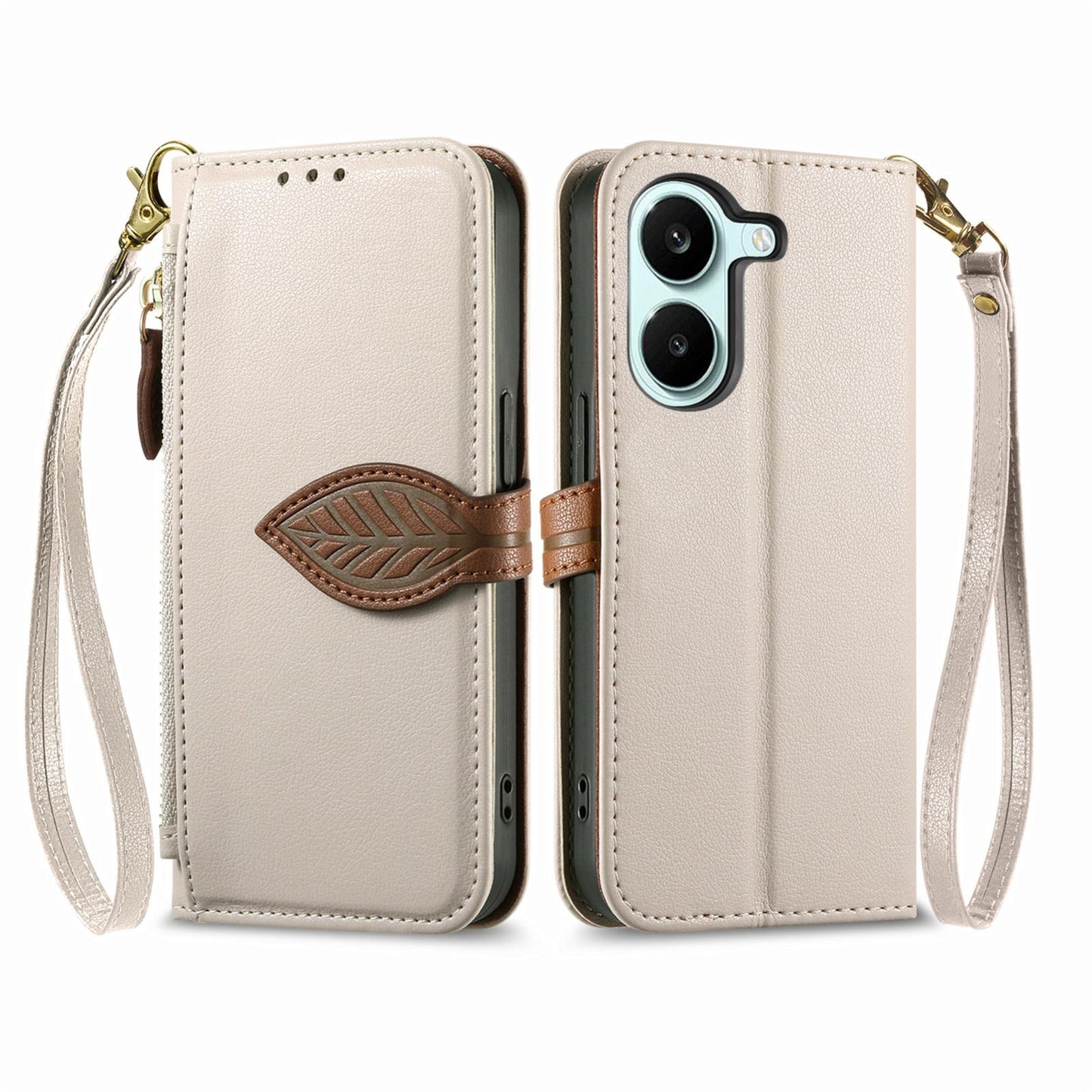 For Honor Play 80 Plus 5G Leaf Buckle Zipper Wallet Leather Phone Case with Strap(Beige)