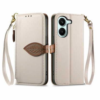 For Honor Play 80 Plus 5G Leaf Buckle Zipper Wallet Leather Phone Case with Strap(Beige)