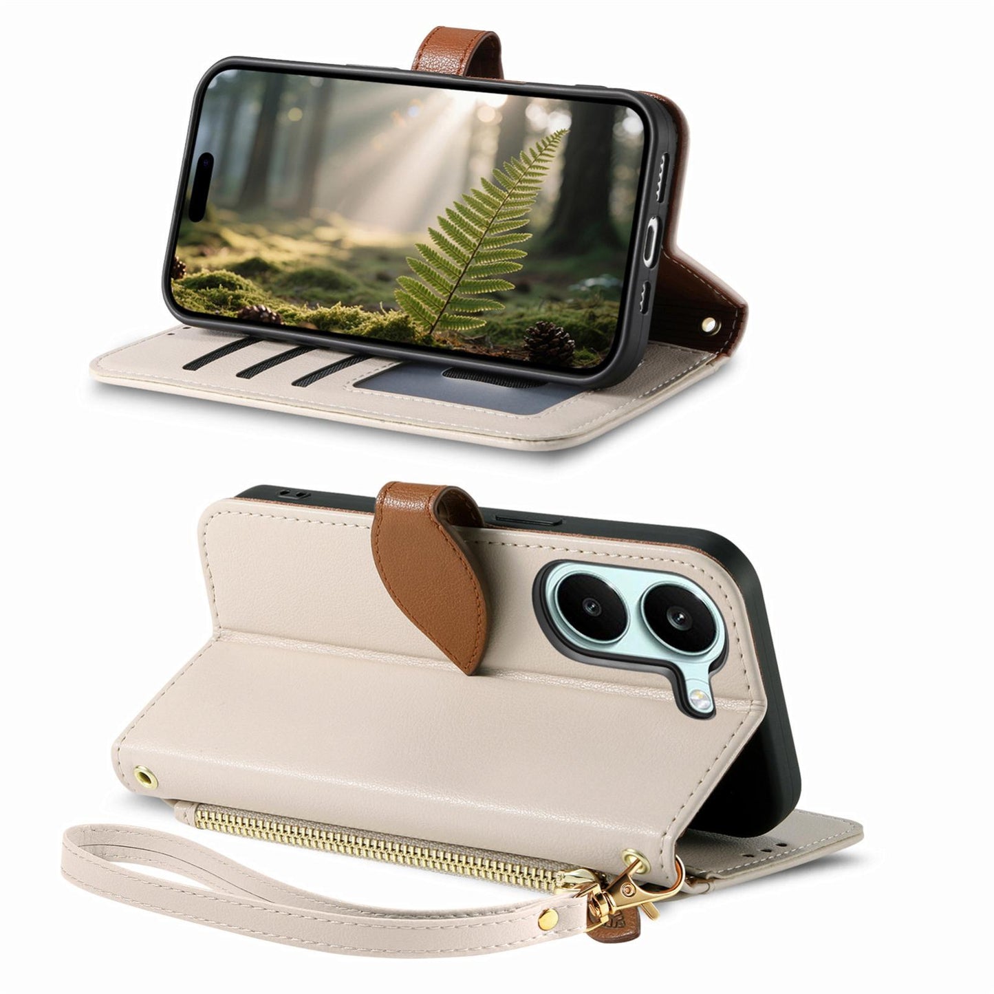 For Honor Play 80 Plus 5G Leaf Buckle Zipper Wallet Leather Phone Case with Strap(Beige)