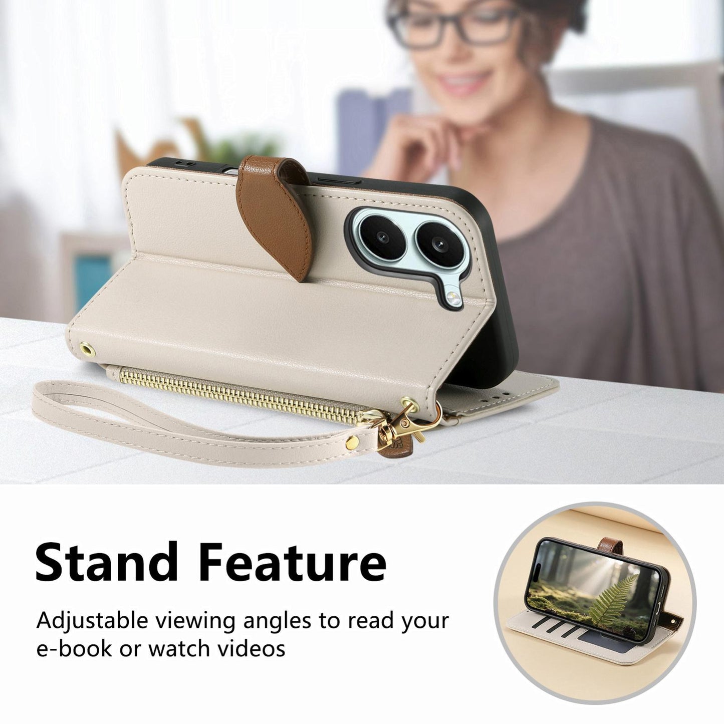 For Honor Play 80 Plus 5G Leaf Buckle Zipper Wallet Leather Phone Case with Strap(Beige)