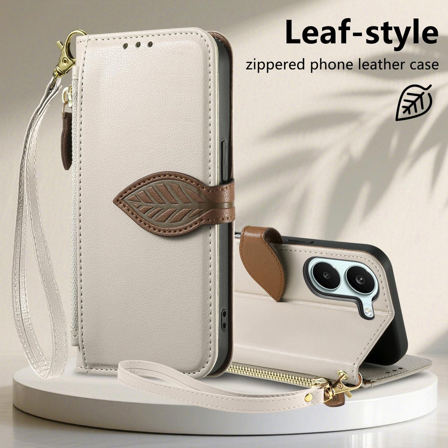 For Honor Play 80 Plus 5G Leaf Buckle Zipper Wallet Leather Phone Case with Strap(Beige)
