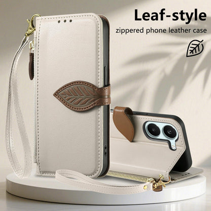For Honor Play 80 Plus 5G Leaf Buckle Zipper Wallet Leather Phone Case with Strap(Beige)