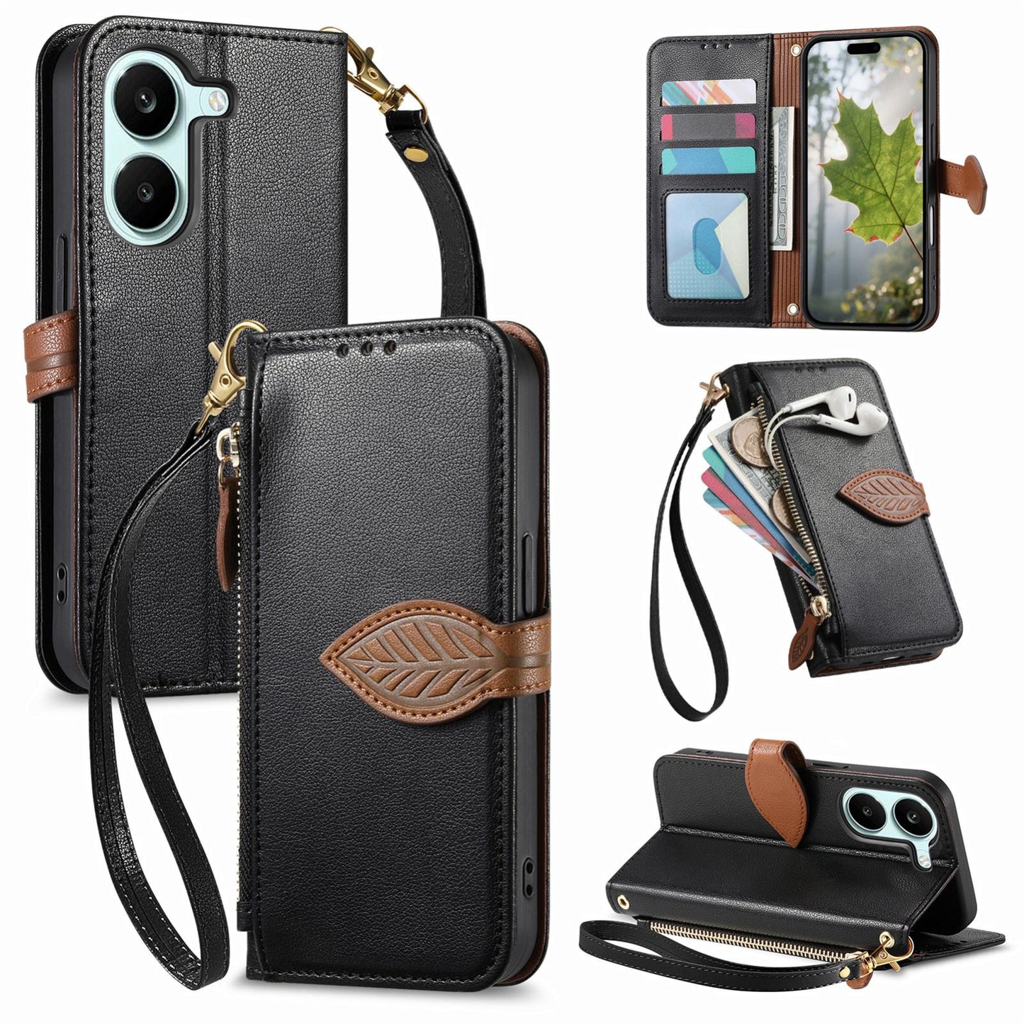 For Honor Play 80 Plus 5G Leaf Buckle Zipper Wallet Leather Phone Case with Strap(Black)