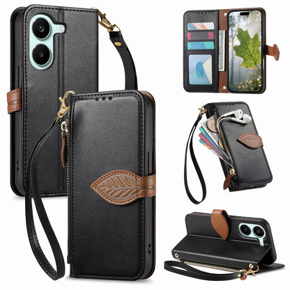 For Honor Play 80 Plus 5G Leaf Buckle Zipper Wallet Leather Phone Case with Strap(Black)
