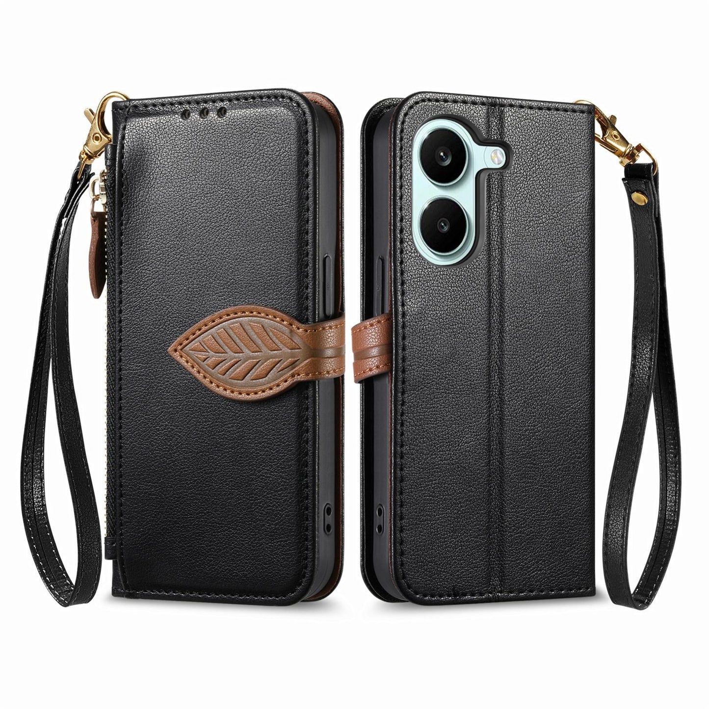 For Honor Play 80 Plus 5G Leaf Buckle Zipper Wallet Leather Phone Case with Strap(Black)