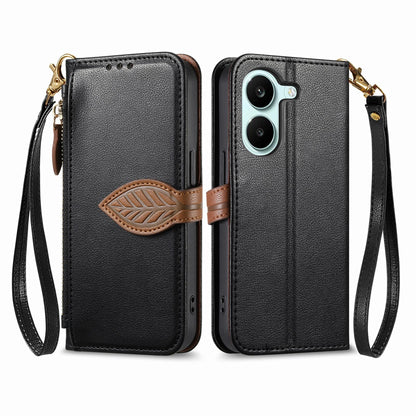 For Honor Play 80 Plus 5G Leaf Buckle Zipper Wallet Leather Phone Case with Strap(Black)