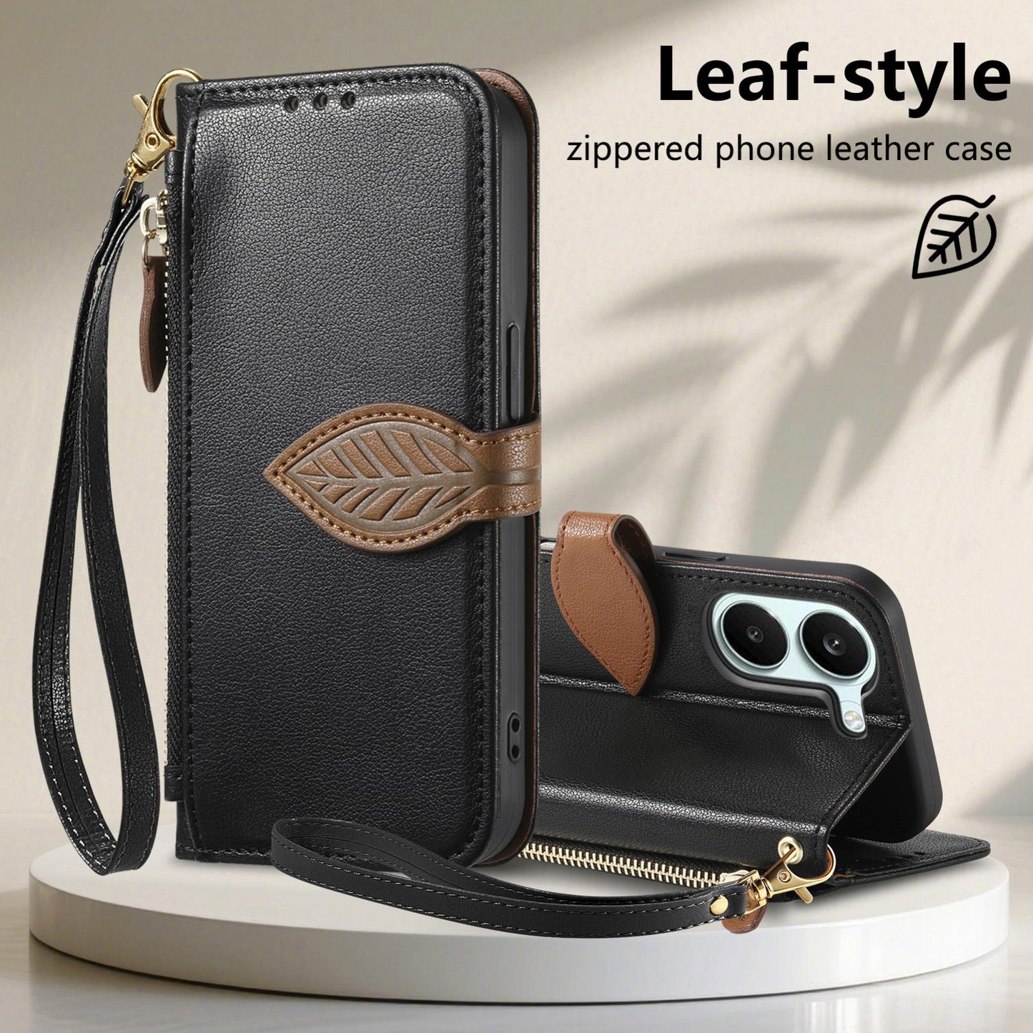 For Honor Play 80 Plus 5G Leaf Buckle Zipper Wallet Leather Phone Case with Strap(Black)