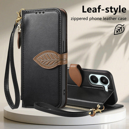 For Honor Play 80 Plus 5G Leaf Buckle Zipper Wallet Leather Phone Case with Strap(Black)