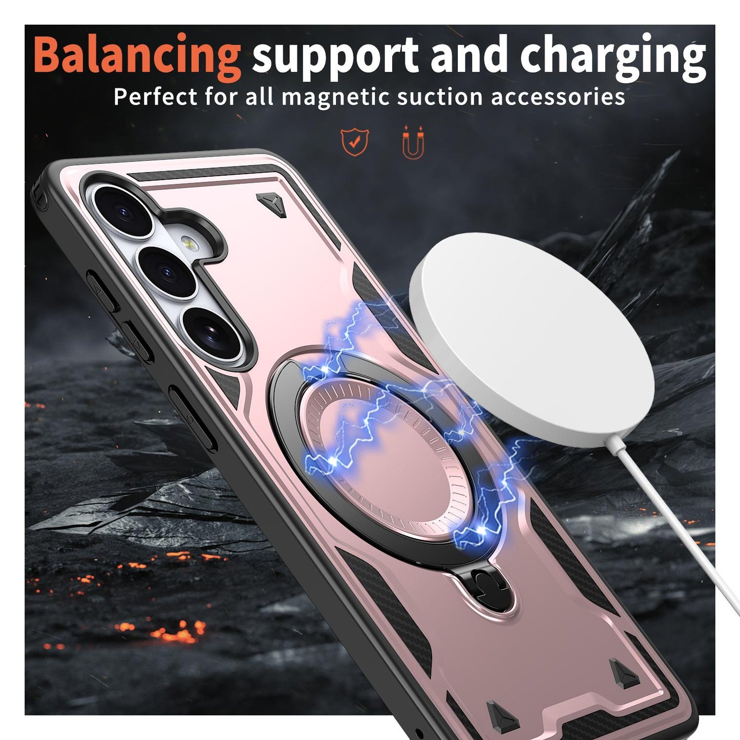 For Galaxy S26 FE 5G Kalebol PC Hybrid TPU Armor MagSafe Ring Holder Phone Case(Rose Gold)