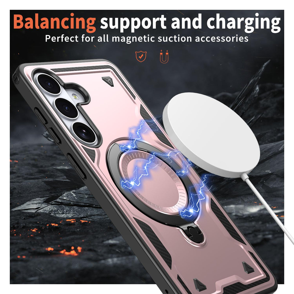 For Galaxy S26 FE 5G Kalebol PC Hybrid TPU Armor MagSafe Ring Holder Phone Case - Rose Gold - SYA003148004G