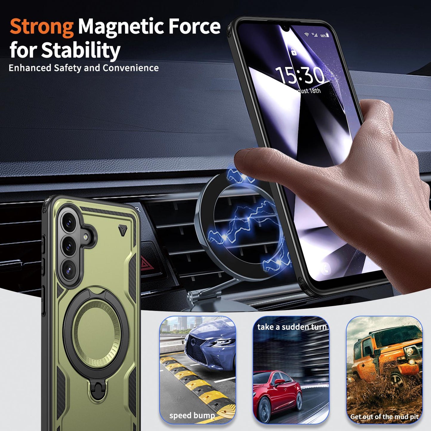 For Galaxy A57 5G Kalebol PC Hybrid TPU Armor MagSafe Ring Holder Phone Case(Green)