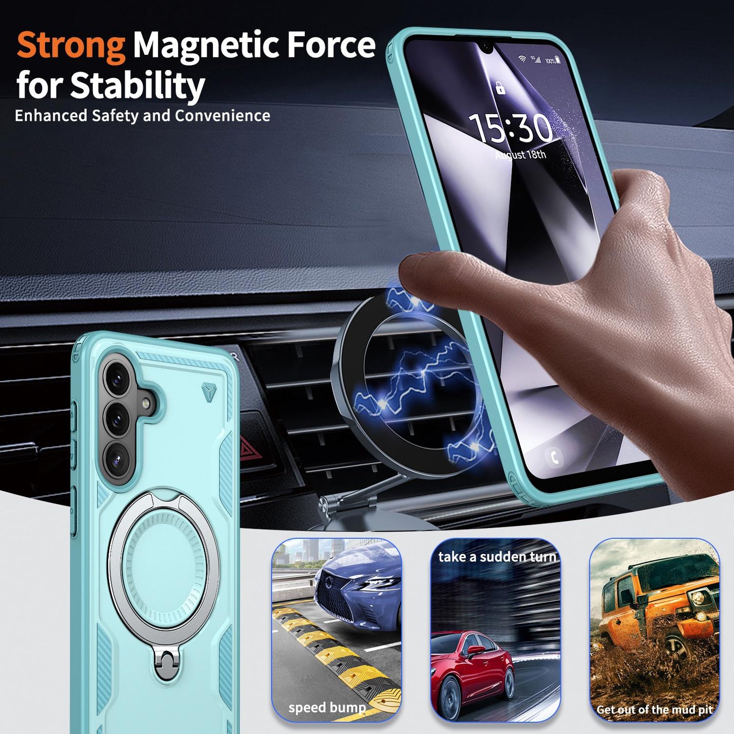 For Galaxy A57 5G Kalebol PC Hybrid TPU Armor MagSafe Ring Holder Phone Case(Light Blue)
