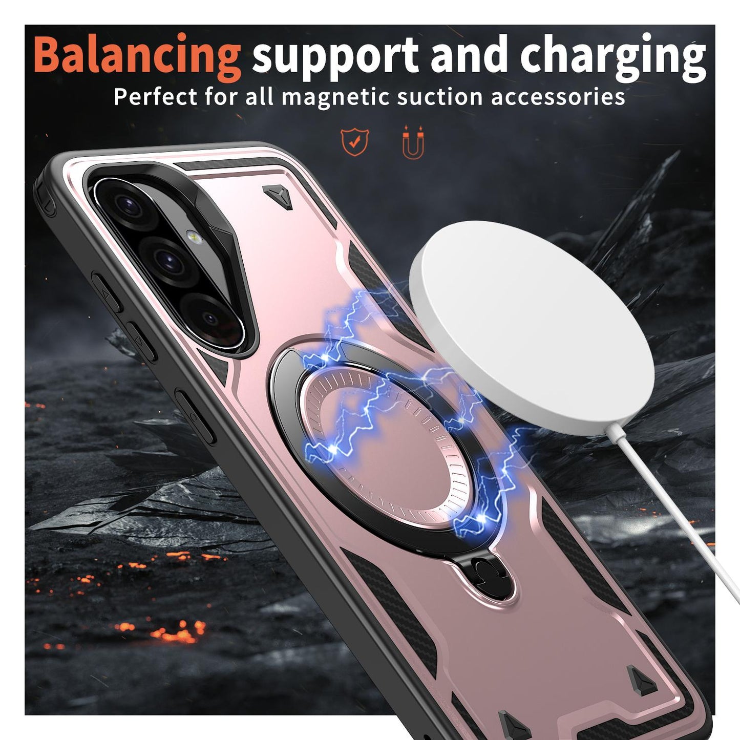 For Galaxy A37 5G Kalebol PC Hybrid TPU Armor MagSafe Ring Holder Phone Case(Rose Gold)