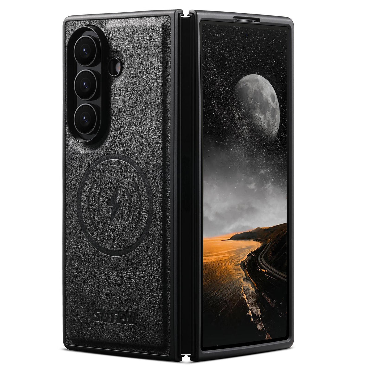 For Galaxy Z Fold8 Ultra 5G Suteni G5 Cowhide Leather Magnetic Phone Case - Black - SYA003160903A
