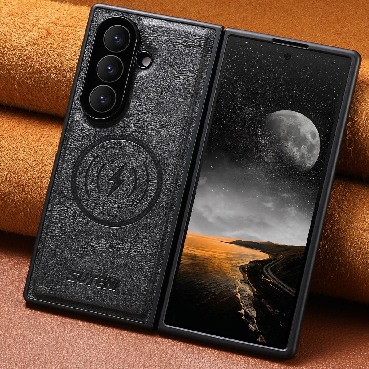 For Galaxy Z Fold8 Ultra 5G Suteni G5 Cowhide Leather Magnetic Phone Case - Black - SYA003160903A