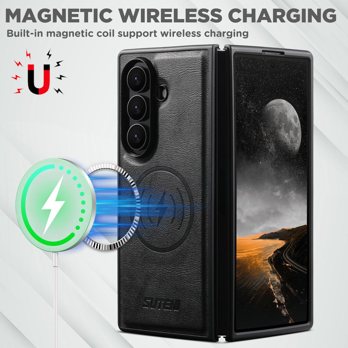 For Galaxy Z Fold8 Ultra 5G Suteni G5 Cowhide Leather Magnetic Phone Case - Black - SYA003160903A