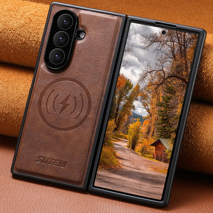 For Galaxy Z Fold8 Ultra 5G Suteni G5 Cowhide Leather Magnetic Phone Case - Brown - SYA003160903B