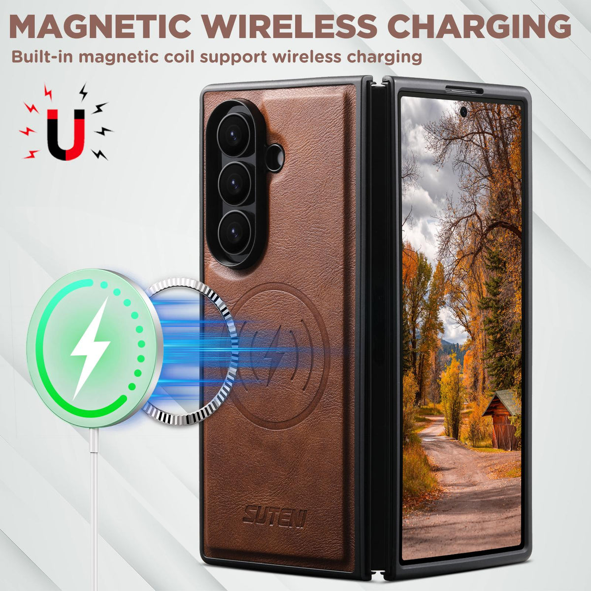 For Galaxy Z Fold8 Ultra 5G Suteni G5 Cowhide Leather Magnetic Phone Case - Brown - SYA003160903B