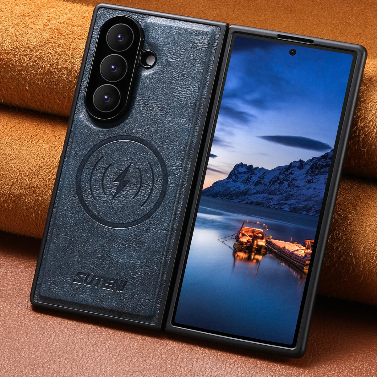 For Galaxy Z Fold8 Ultra 5G Suteni G5 Cowhide Leather Magnetic Phone Case - Blue - SYA003160903C