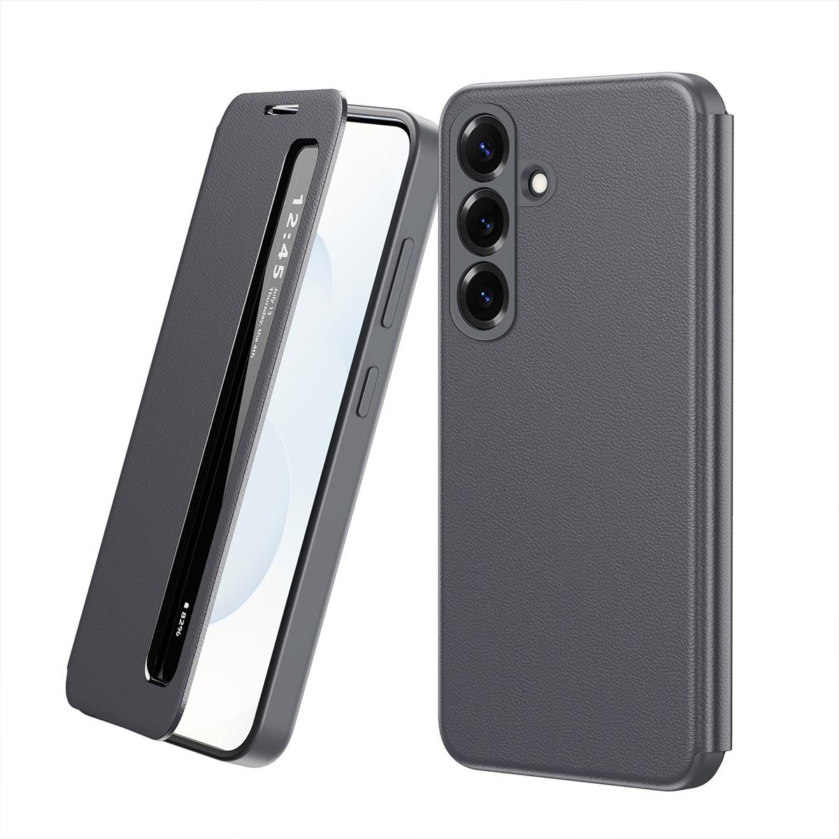 For Galaxy S26 FE 5G Smart View Window Leather Phone Case - Grey - SYA003197624B