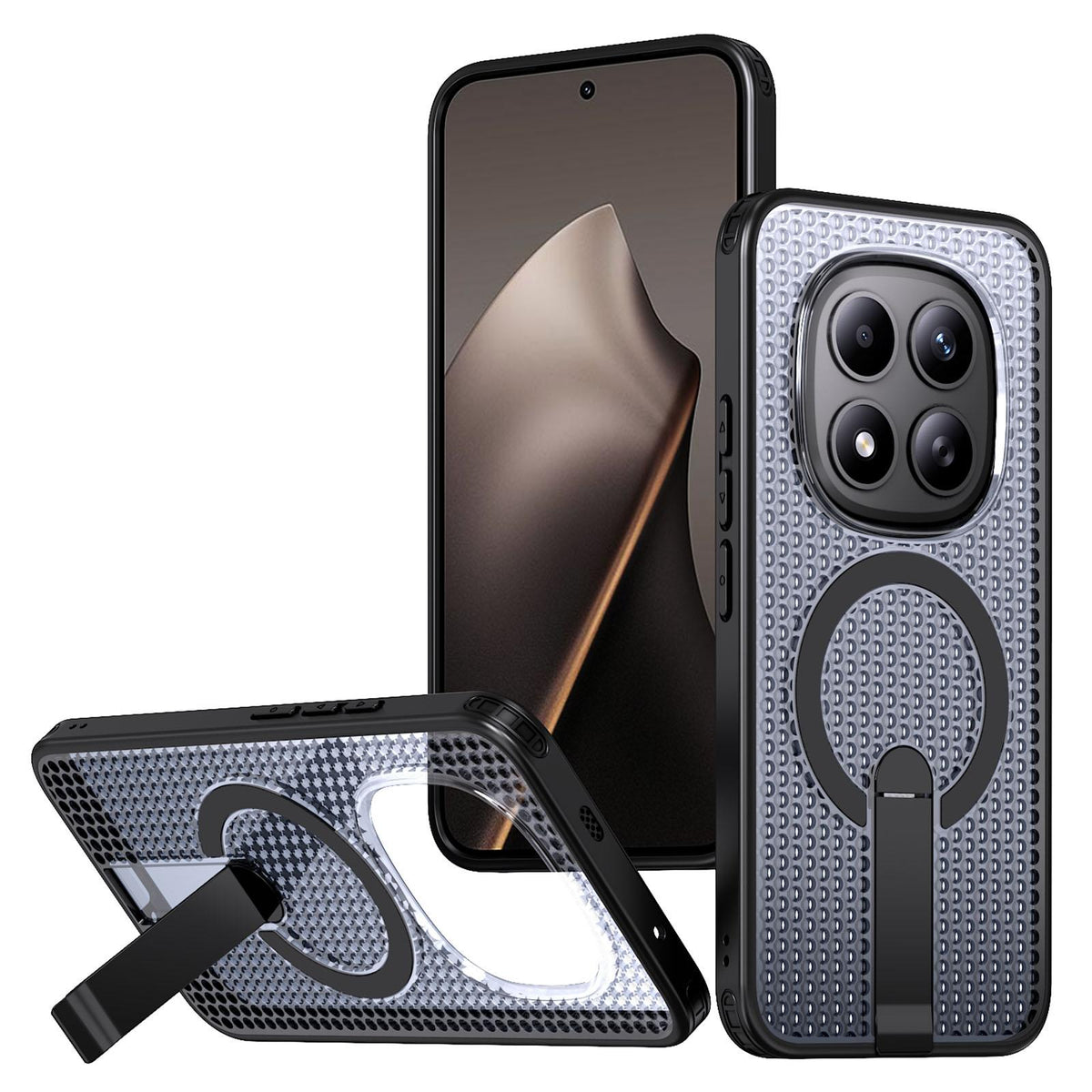 For Redmi Note 15+ 5G Global 163.3mm Kalebol Honeycomb Cooling MagSafe Holder Phone Case - Black - SYA003207902A