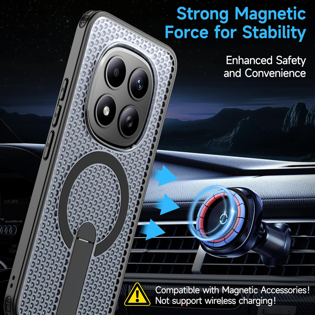 For Redmi Note 15+ 5G Global 163.3mm Kalebol Honeycomb Cooling MagSafe Holder Phone Case - Black - SYA003207902A