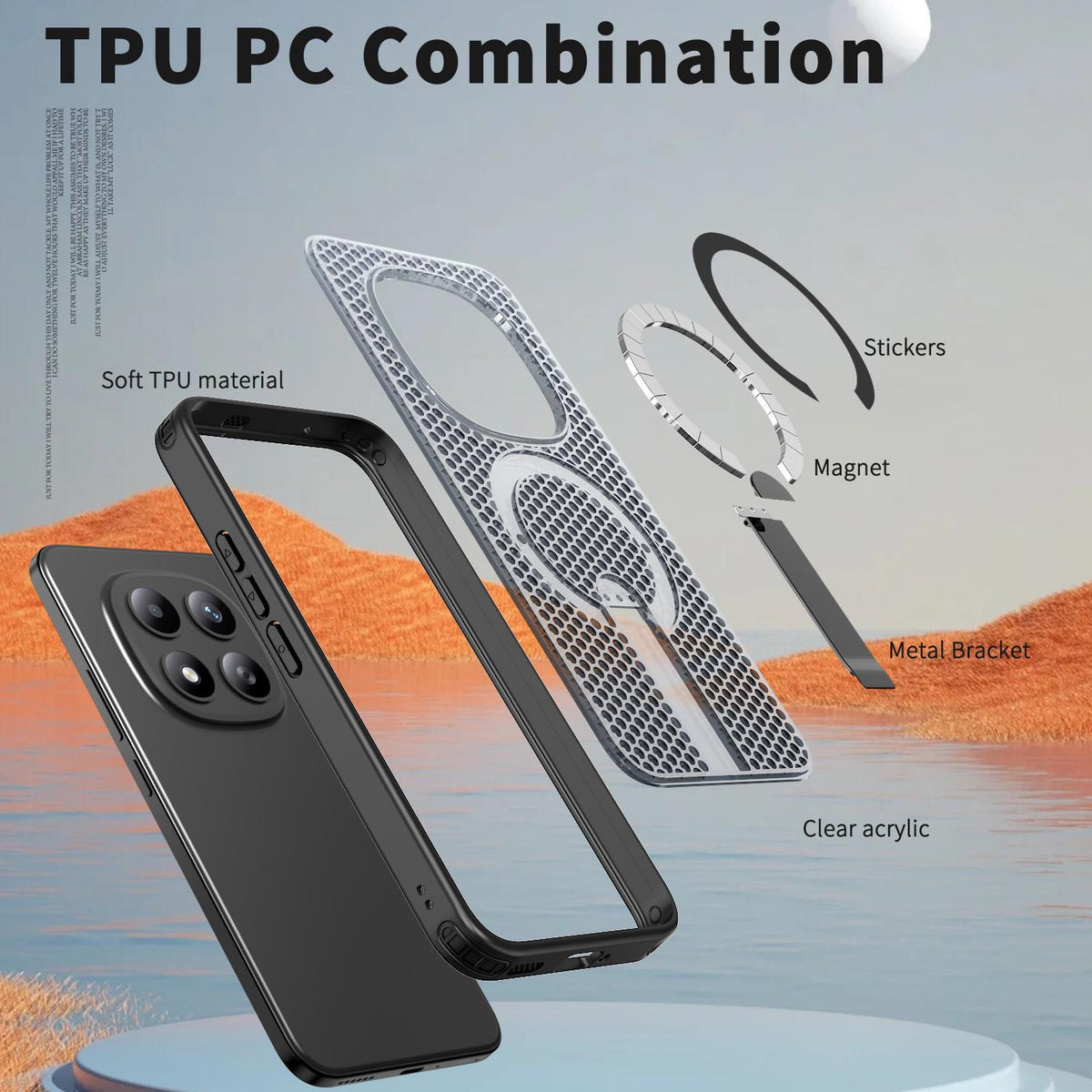 For Redmi Note 15+ 5G Global 163.3mm Kalebol Honeycomb Cooling MagSafe Holder Phone Case - Black - SYA003207902A