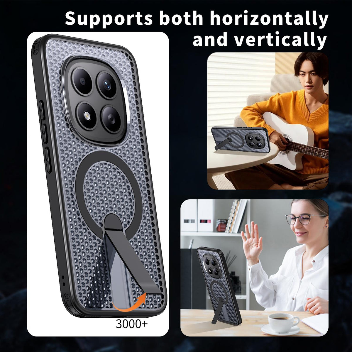 For Redmi Note 15+ 5G Global 163.3mm Kalebol Honeycomb Cooling MagSafe Holder Phone Case - Black - SYA003207902A