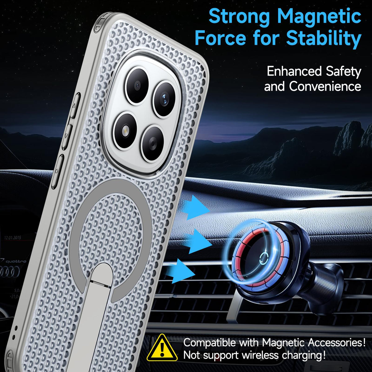 For Redmi Note 15+ 5G Global 163.3mm Kalebol Honeycomb Cooling MagSafe Holder Phone Case - Titanium Grey - SYA003207902C