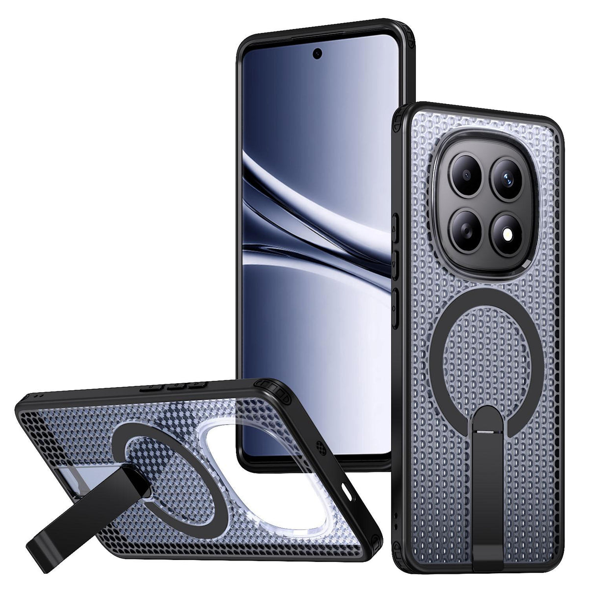 For Redmi Note 15 Pro 4G Global 163.2mm Kalebol Honeycomb Cooling MagSafe Holder Phone Case - Black - SYA003207904A