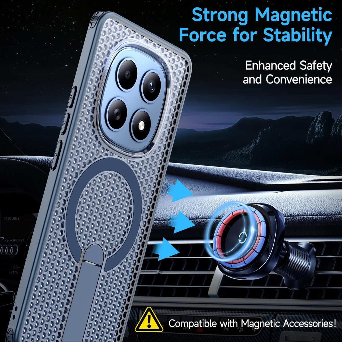 For Redmi Note 15 Pro 4G Global 163.2mm Kalebol Honeycomb Cooling MagSafe Holder Phone Case - Blue - SYA003207904B