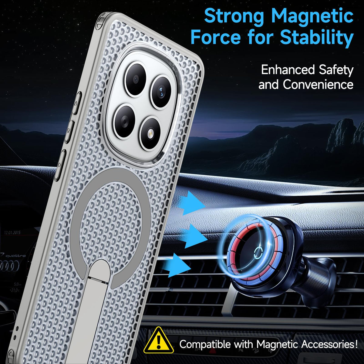 For Redmi Note 15 Pro 4G Global 163.2mm Kalebol Honeycomb Cooling MagSafe Holder Phone Case - Titanium Grey - SYA003207904C