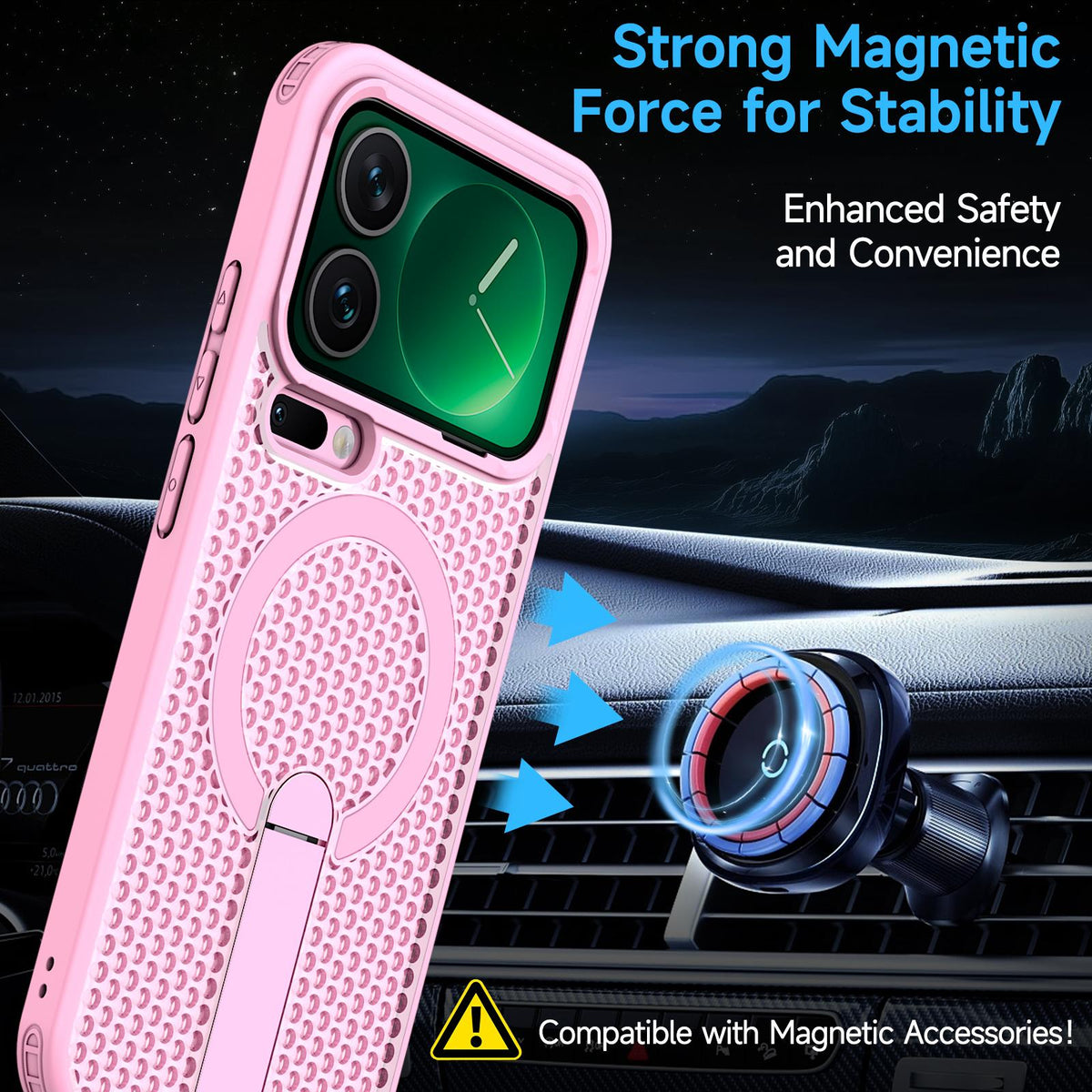 For Xiaomi 17 Pro Kalebol Honeycomb Cooling MagSafe Holder Phone Case - Cherry Blossom Pink - SYA003207911E