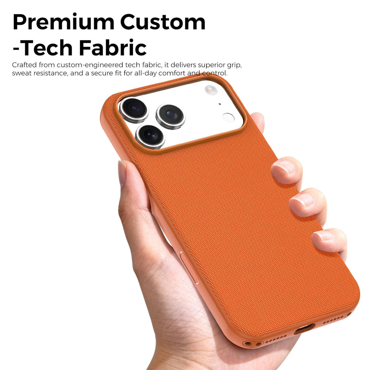 For iPhone 16 Pro Max Official Tech Fabric Texture Side-Adhesive TPU Magnetic Phone Case with Camera Button - Orange - SYA003209505F