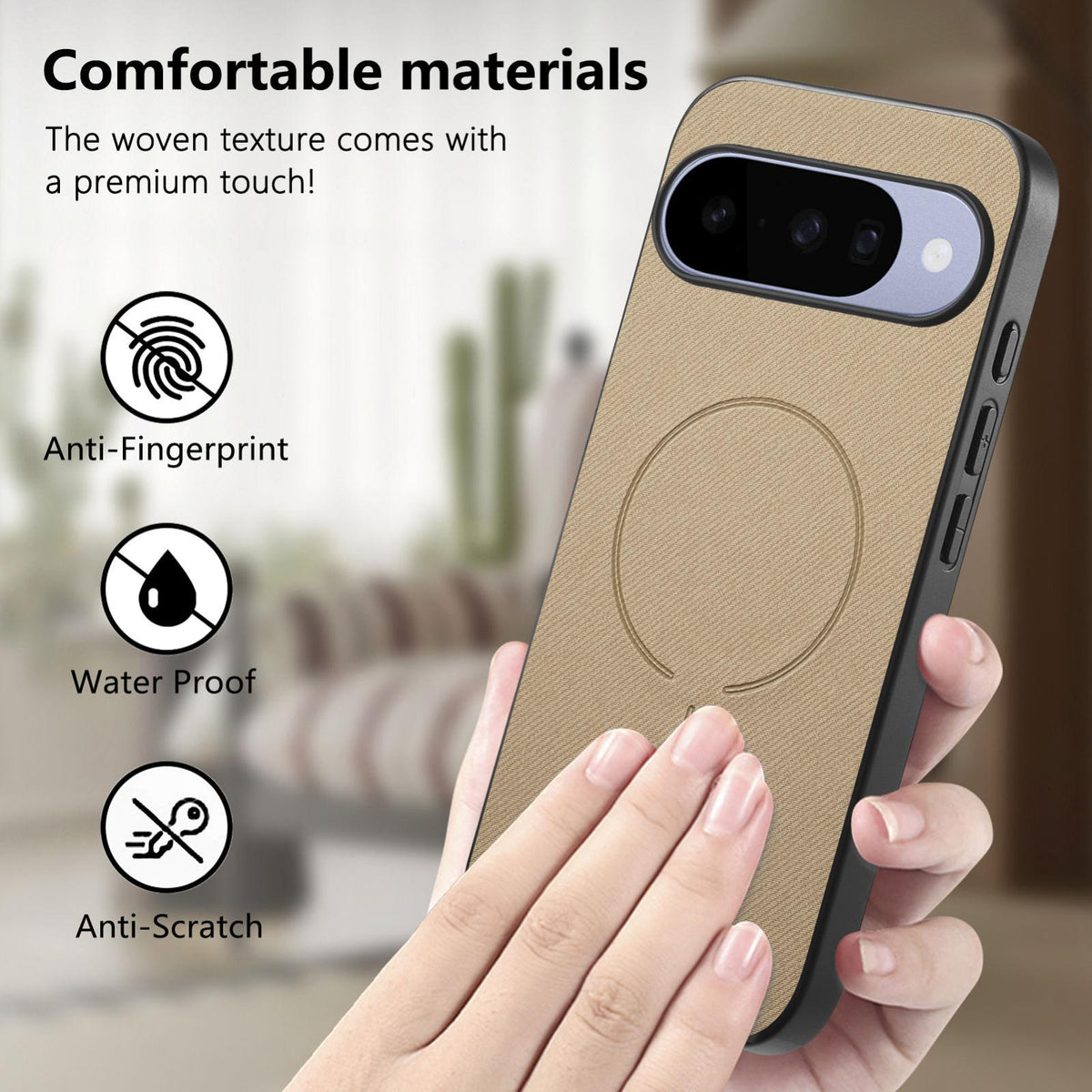 For Google Pixel 11 Pro Fabric Magnetic PU Back Cover Phone Case - Khaki - SYA003288908F