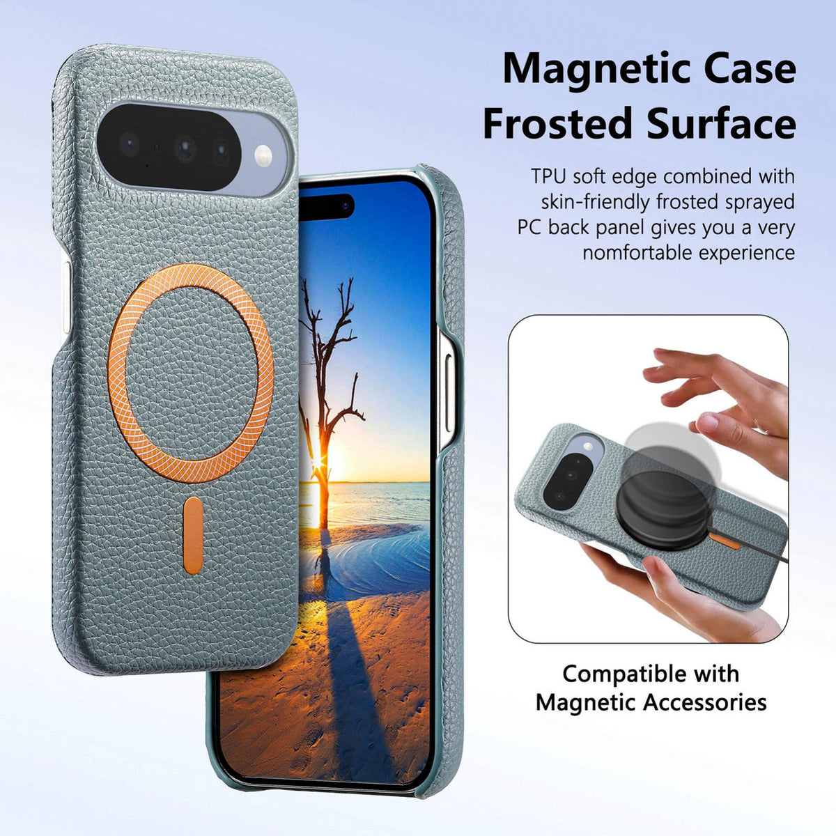 For Google Pixel 11 Litchi Texture Brushed MagSafe PU Back Cover Phone Case - Blue - SYA003329607B