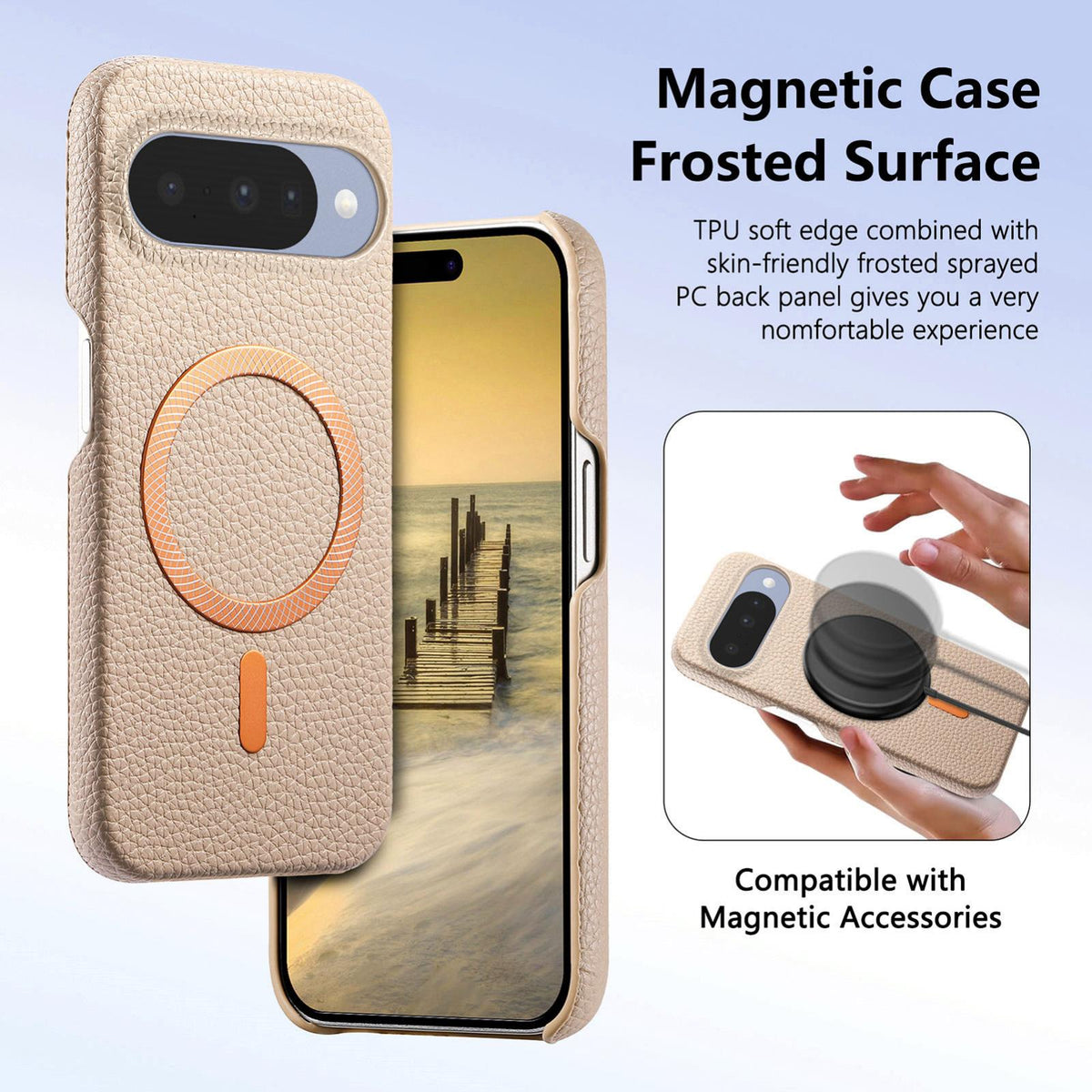 For Google Pixel 11 Litchi Texture Brushed MagSafe PU Back Cover Phone Case - Khaki - SYA003329607C