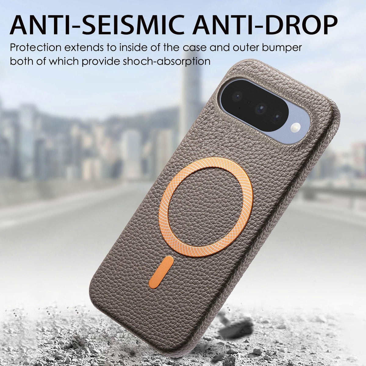 For Google Pixel 11 Litchi Texture Brushed MagSafe PU Back Cover Phone Case - Gray - SYA003329607D