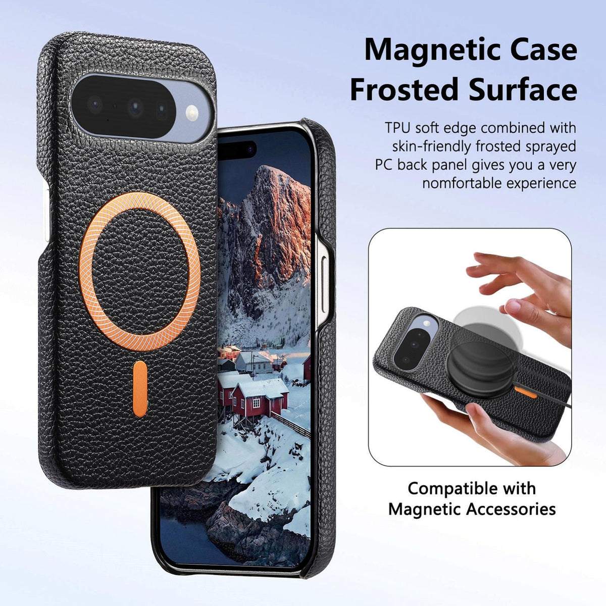 For Google Pixel 11 Litchi Texture Brushed MagSafe PU Back Cover Phone Case - Black - SYA003329607E