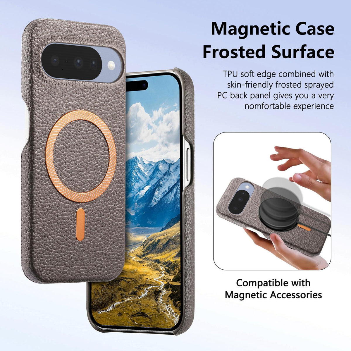 For Google Pixel 11 Pro Litchi Texture Brushed MagSafe PU Back Cover Phone Case - Gray - SYA003329608D