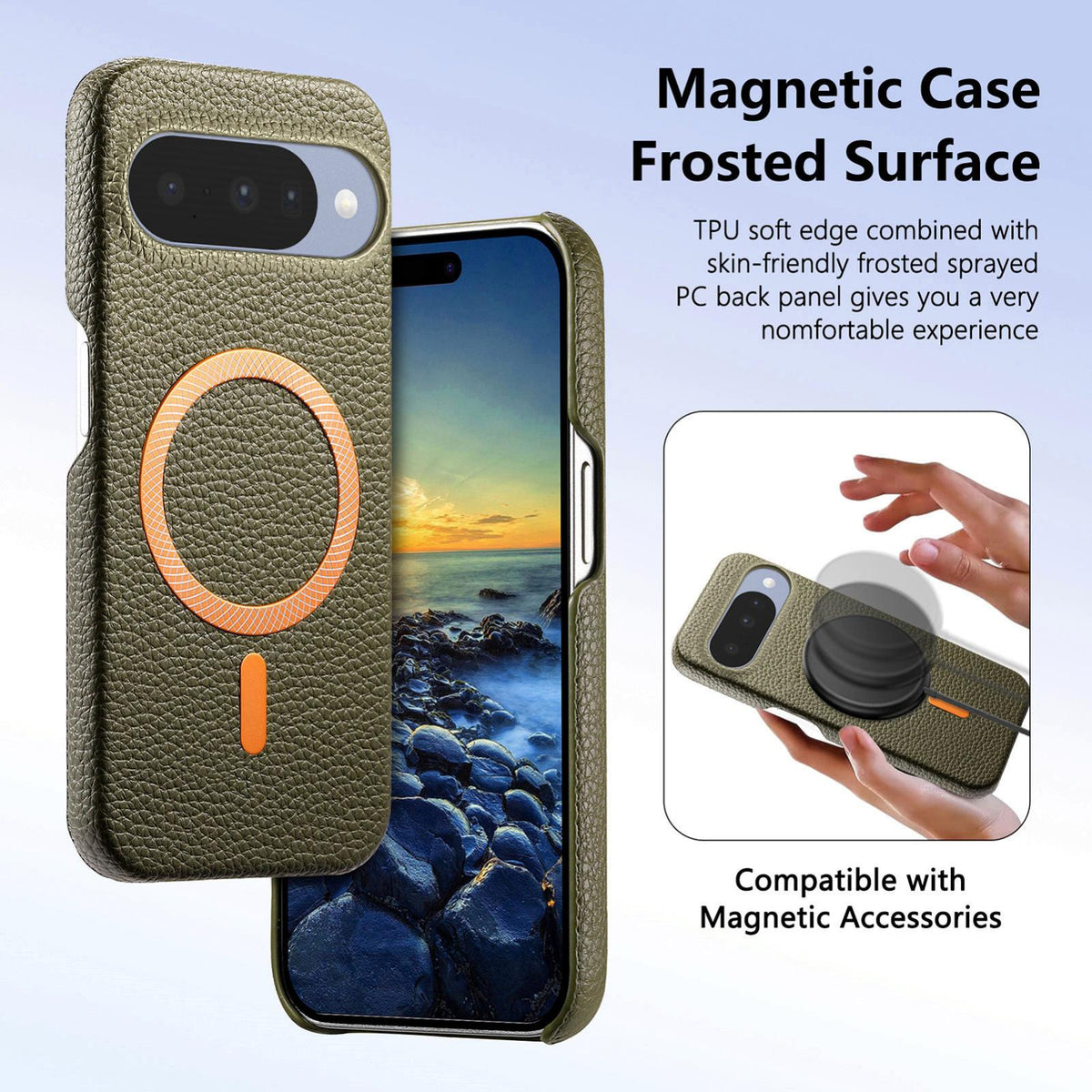 For Google Pixel 11 Pro Litchi Texture Brushed MagSafe PU Back Cover Phone Case - Green - SYA003329608F