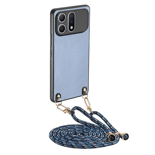 For Honor Win Turbo 5G Carbon Fiber Texture Leather Back Cover Phone Case with Crossbody Strap - Blue - SYA003346203E