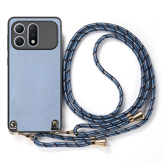For Honor Win Turbo 5G Carbon Fiber Texture Leather Back Cover Phone Case with Crossbody Strap - Blue - SYA003346203E