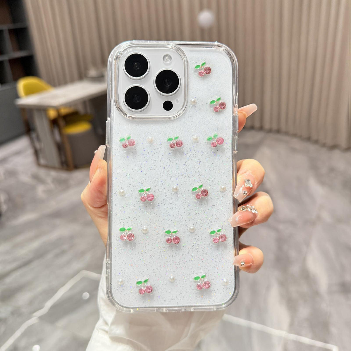 For iPhone 16 Pro Max Epoxy Resin 3D Mini Cherry TPU Phone Case - Pink - SYA003388705A
