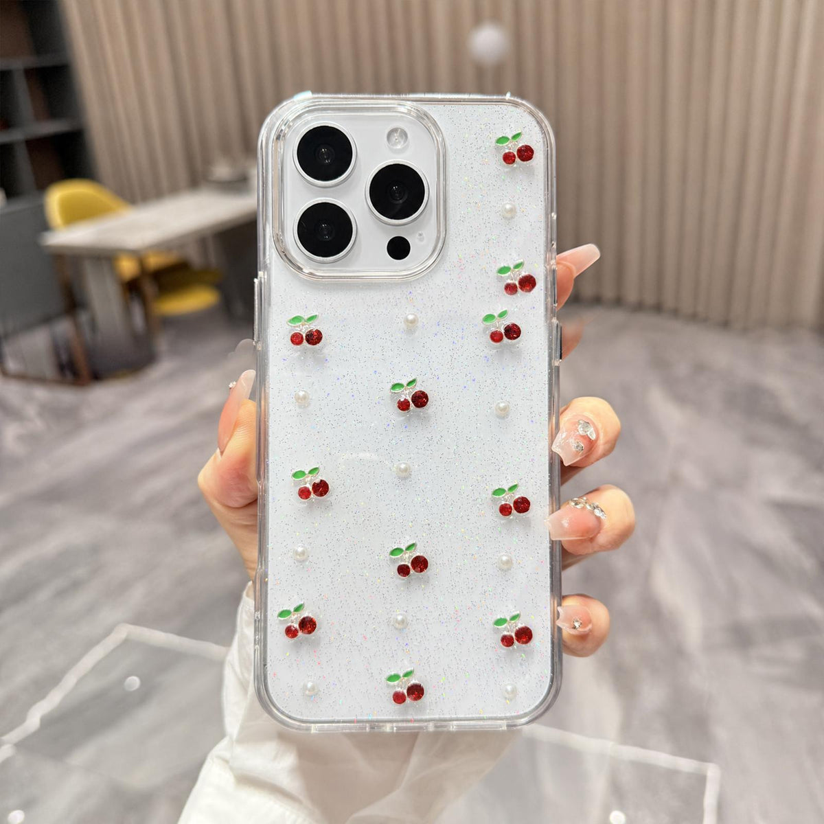 For iPhone 16 Pro Max Epoxy Resin 3D Mini Cherry TPU Phone Case - Red - SYA003388705B