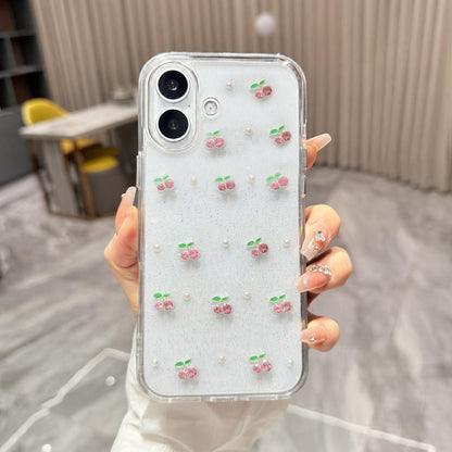 For iPhone 16 Epoxy Resin 3D Mini Cherry TPU Phone Case - Pink - SYA003388707A