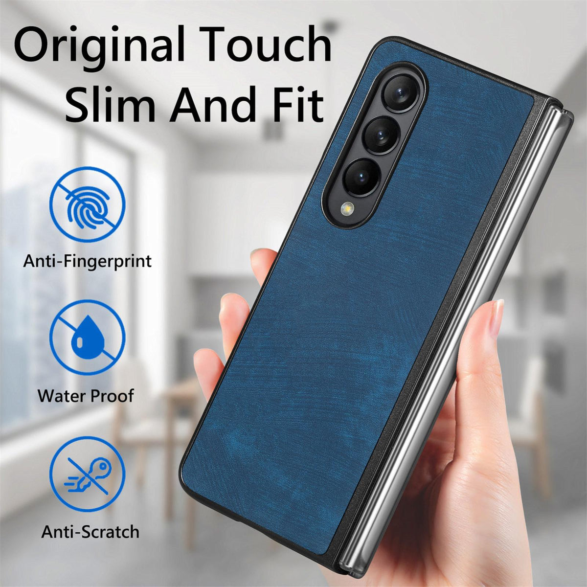 For Galaxy Z Flod4 5G Vintage Leather PC Back Cover Phone Case - Blue - SYA003392801D