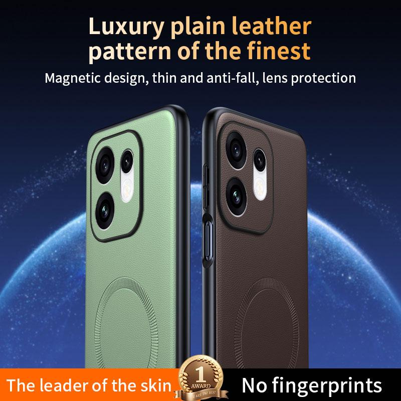 For OPPO Reno16 Global Plain Leather MagSafe Shockproof Phone Case - Brown - SYA003403001D